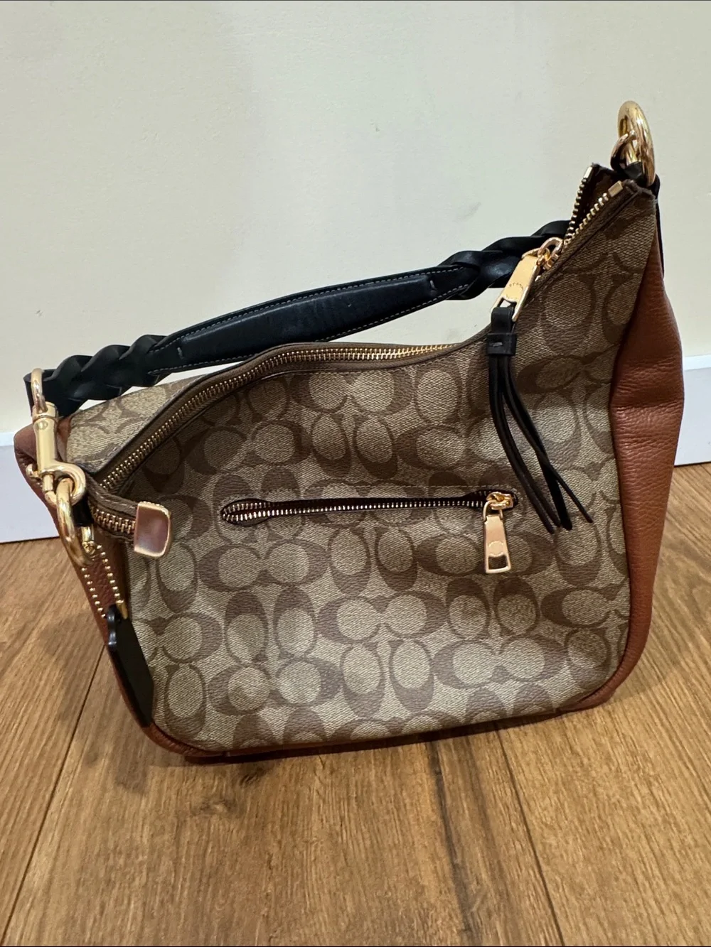 Coach Brown Signature Canvas Shoulder Bag with Black Strap